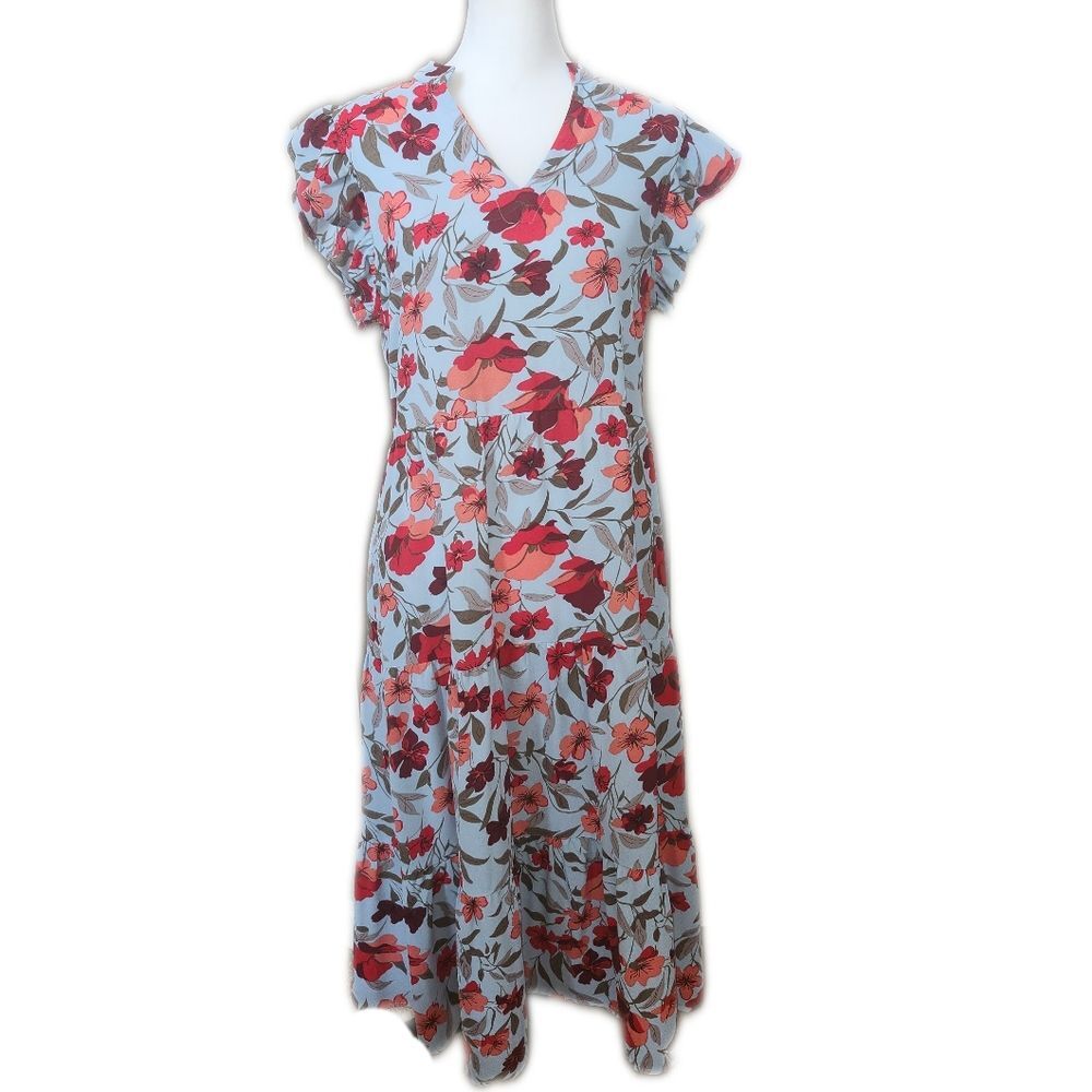 Pretty Garden Floral V-Neck Blue & Red Short Sleeved Midi Dress, M